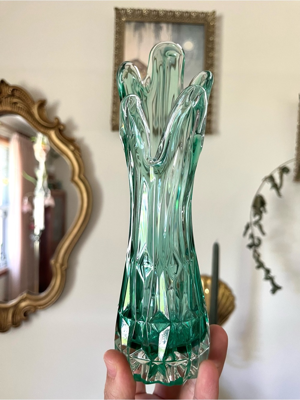 MCM Teal Aqua Cut Glass 5 Finger Swing Vase